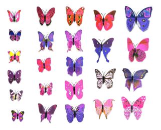 12PSC Vivid Butterfly Wall Stickers Art Decal Pink & Purple , Magnet + Blu Tack