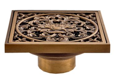 Archaistic Brass Square Shower Floor Drain Art Carved Shower Drainer Peony