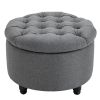 HOMCOM Storage Ottoman Bench Round Button Tufted Linen-touch Grey for Living Room Bedroom
