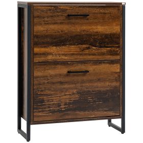 HOMCOM Slim Shoe Cabinet Rustic Brown 2 Flip Doors Divider Compartment Entryway Shoe Organizer