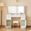 Dressing table set with LED mirror and 3 lighting modes, dressing table with 5 drawers and 2 cabinets, each with metal handles, lighting and chairs