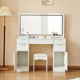 Dressing table set with LED mirror and 3 lighting modes, dressing table with 5 drawers and 2 cabinets, each with metal handles, lighting and chairs
