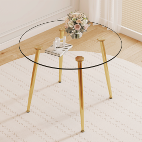 39.7-inch diameter circular dining table: transparent glass paired with golden table legs