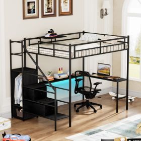 Full Size Metal Loft Bed with L-shaped Desk, LED Lights, Charging Cradle, LED Loft Bed Frame