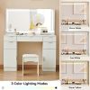 Dressing table set with LED mirror and 3 lighting modes, dressing table with 5 drawers and 2 cabinets, each with metal handles, lighting and chairs