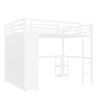 Queen Size Loft Bed Frame with Built-in Wardrobe, Metal Loft Bed with Desk and Storage Shelves, White