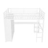 Queen Size Loft Bed Frame with Built-in Wardrobe, Metal Loft Bed with Desk and Storage Shelves, White
