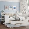 Wooden L-Shape Daybed with Seven Storage Cabinets and Two Storage Drawers, Multi-functional Bed with Study Desk and Built-in Bookshelf, White