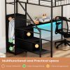 Full Size Metal Loft Bed with L-shaped Desk, LED Lights, Charging Cradle, LED Loft Bed Frame