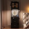 Small Vanity Desk with Mirror and LED Lights, Makeup Table with Charging Station and drawers and Storage Shelves for Small Space