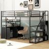 Full Size Metal Loft Bed with Storage Staircase and Wardrobe,Shelves and Lockers,Black