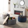 Round Storage Ottoman; 2 in 1 Function; Work as End table and Ottoman; Navy