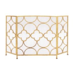 Space Efficient 3 Panel Metal Fireplace Screen, Gold