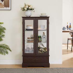 Glass Cabinet Lighted Glass Cabinet Curio Display Cabinet with Adjustable Glass Shelves 2 Doors and 1 drawer Cabinet Bulb Included Cherry (Color: Cherry, Material: MDF+glass)
