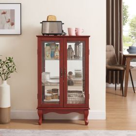 2 Doors Curio Cabinet with Tempered Glass Doors, Curio Cabinets with Mirrored Back Panel and Adjustable Shelves, Lighted Display Cabinet for Home (Color: Cherry, Material: MDF+glass)