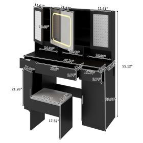 Large Vanity Table Set with LED Lighted Mirror and 2 DIY Pegboards, 5 Hooks, Vanity Desk with Charging Station, Makeup Table with Drawers (Color: as picture)