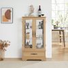 Glass Cabinet Lighted Glass Cabinet Curio Display Cabinet with Adjustable Glass Shelves 2 Doors and 1 drawer Cabinet Bulb Included Cherry